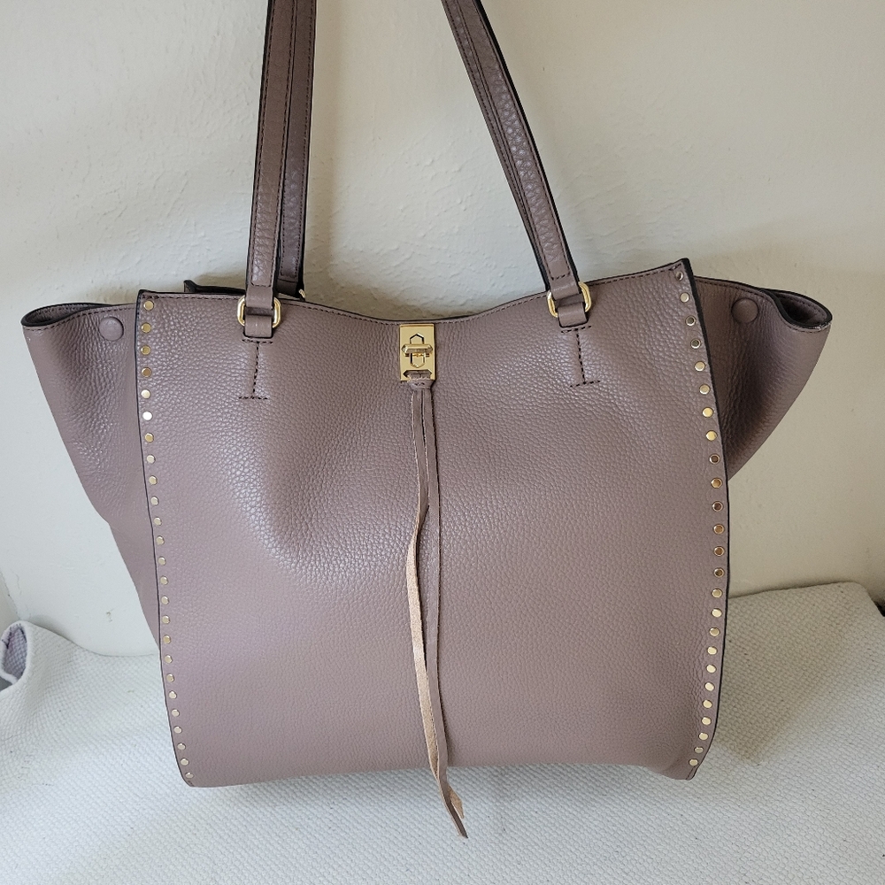 REBECCA MINKOFF DARREN DEEP TAUPE PEBBLED LEATHER STUDDED TOTE SHOULDER BAG